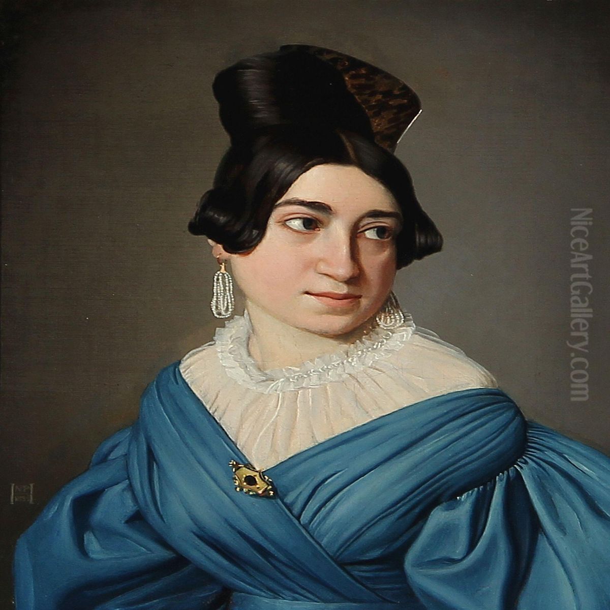 Girl In A Blue Dress With A Gold Brooch Oil Painting by Niels Peter Holbech