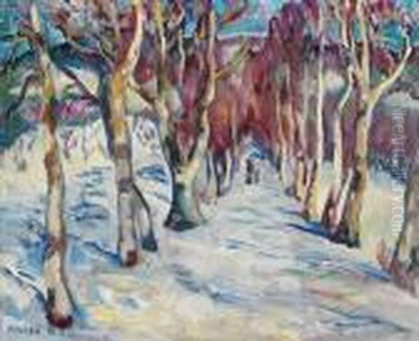Vinterlandskap Med Alle 1918 Oil Painting by Kristen Holbo