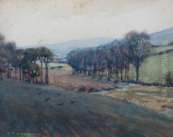 'autumn At Shallowford ' Landscape With Fields, Trees And Birds In Flight Oil Painting by Edgar Thomas Holding