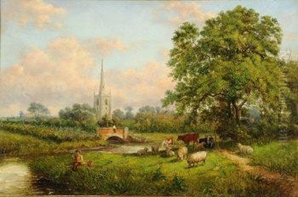 Repton Church From The River Trent Oil Painting by John Holland