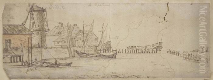 Fishing Vessels And Men O' War In A Harbour At Rotterdam Oil Painting by Wenceslaus Hollar