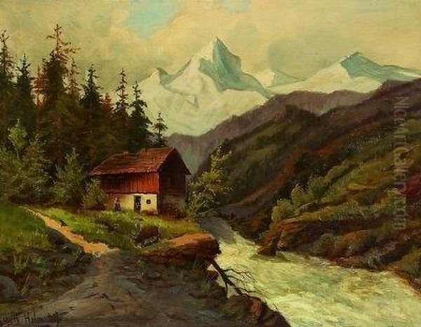 Almhutte Am Bachlauf In Sommerlicher Alpenlandschaft Oil Painting by Wilhelm Lorens Holm
