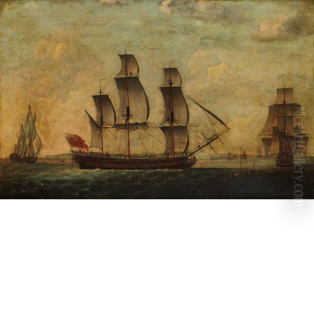 A Ship Of The Red Fleet In Three Positions Oil Painting by Francis Holman