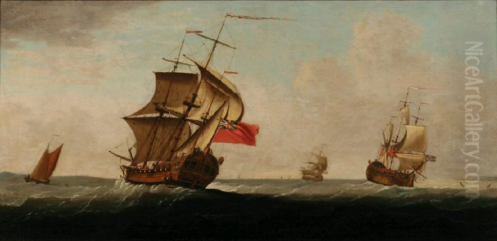 A British SixRate Frigate And Other Shipping In Choppy Waters Oil Painting by Francis Holman