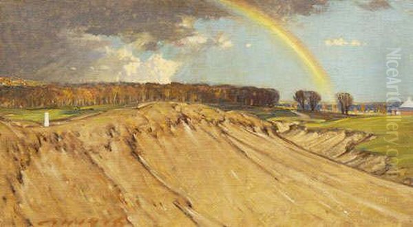 Gravel Pitt And Rainbow,hartingdon, Bedfordshire Oil Painting by Charles Holmes