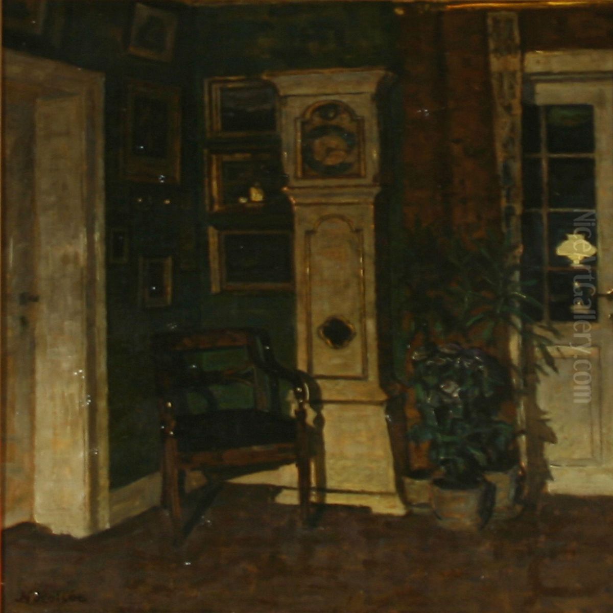 Interior With A Grandfather Clock Oil Painting by Niels Holsoe
