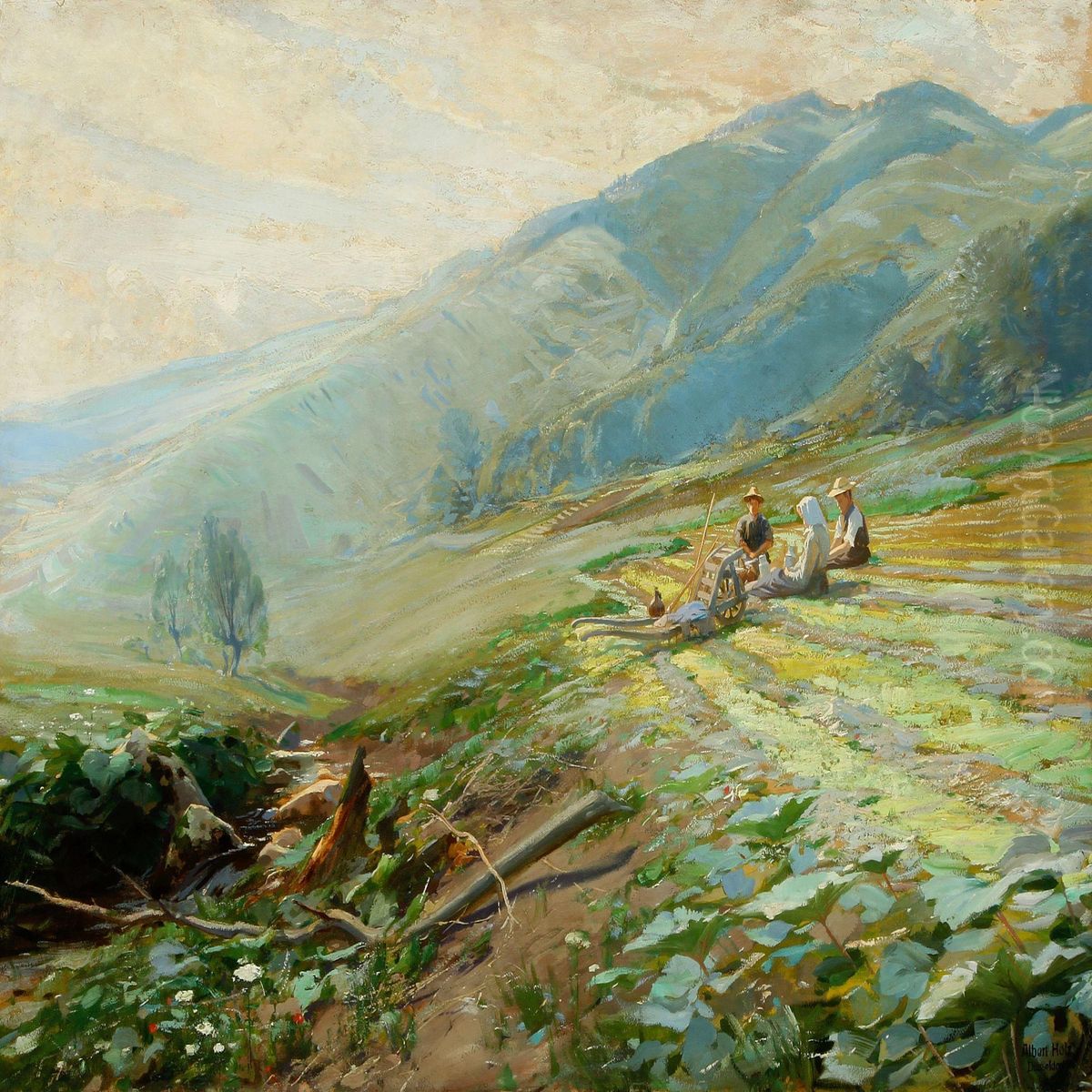 Landscape With Fieldworkers Taking A Rest Oil Painting by Albert Holz