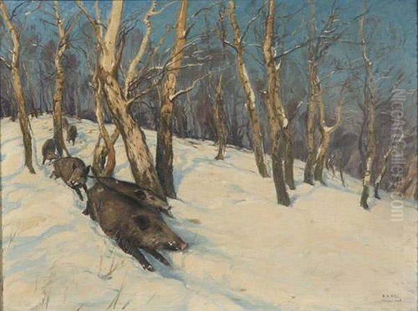Wildschweine Im Winterwald Oil Painting by Albert Holz