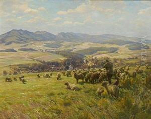 Schafer Mit Herde. Oil Painting by Albert Holz
