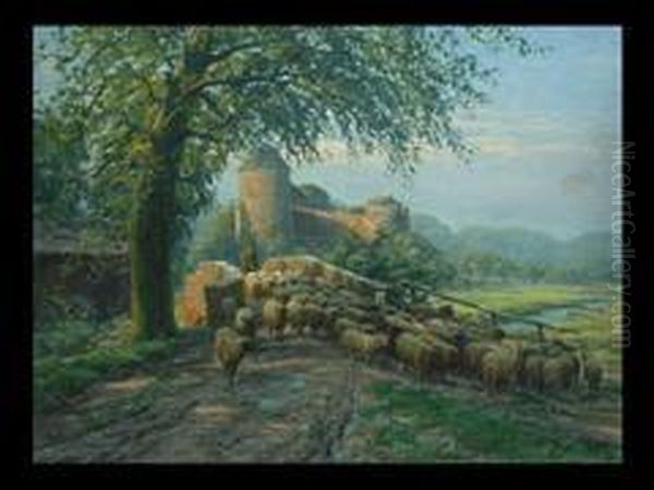 Hirte Mit Schafherde Auf Einer Hochebene Oil Painting by Albert Holz