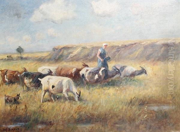 A Goatherder With Her Flock Oil Painting by Johann Daniel Holz