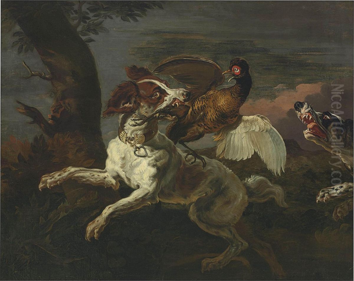 A Spaniel Attacking A Pheasant Oil Painting by Abraham Danielsz. Hondius