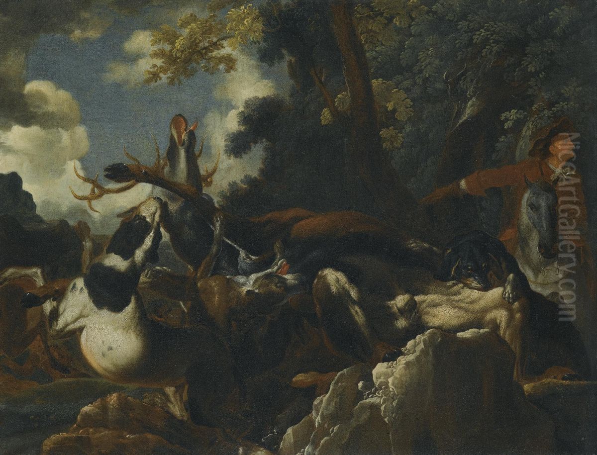 A Stag Hunt Oil Painting by Abraham Danielsz. Hondius