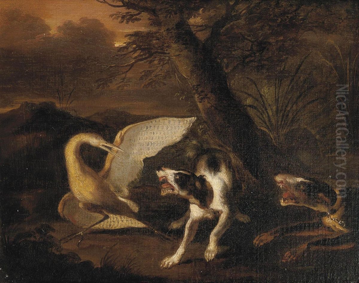 Hounds Attacking A Stork Oil Painting by Abraham Danielsz. Hondius