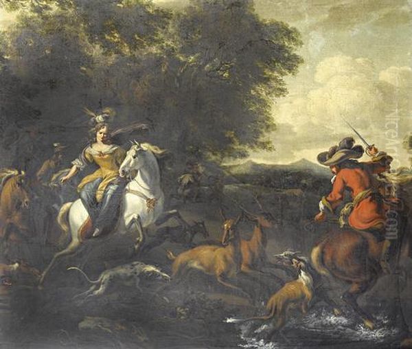 A Stag Hunt In A Wooded River Landscape Oil Painting by Abraham Danielsz. Hondius