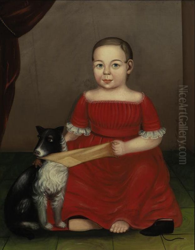 Portrait Of A Child In Red; Dog Pulling A Yellow Stocking Oil Painting by Milton William Hopkins
