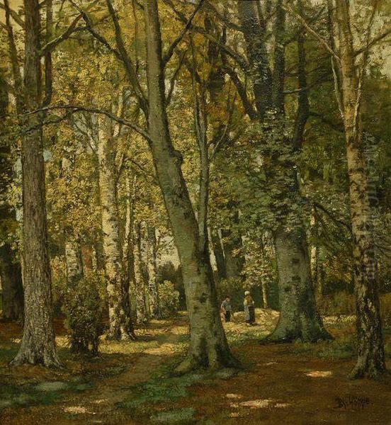 Women On A Forest Road Oil Painting by Ferdinand Bernhard Hoppe