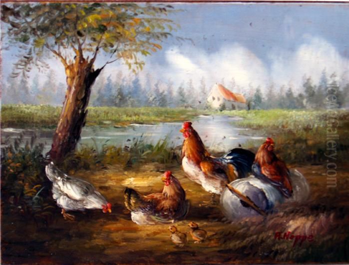 Huhner Am Weiher Oil Painting by H.W. Hoppe