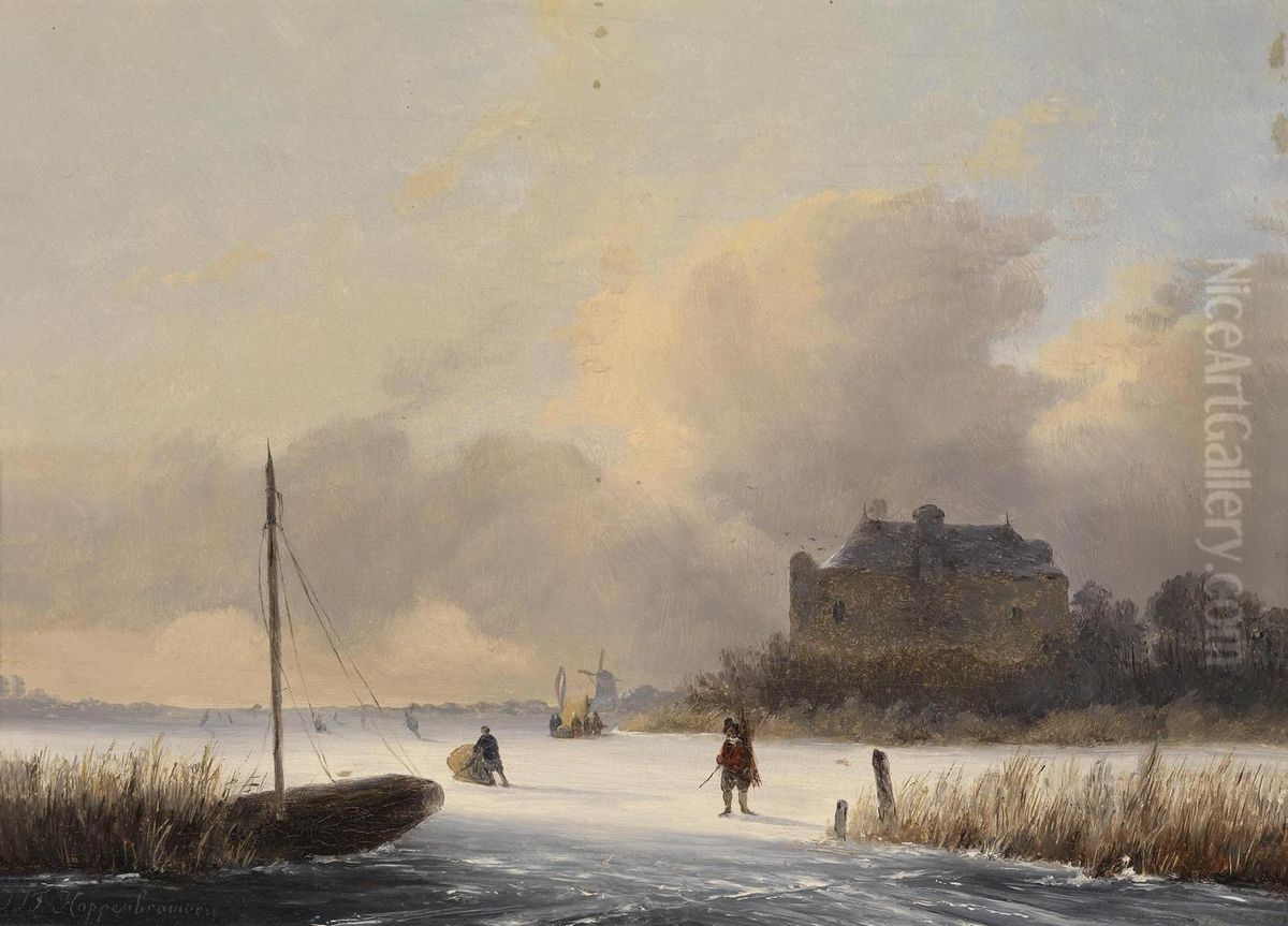 Ice Skaters In A Dutchwinter Landscape Oil Painting by Johannes Franciscus Hoppenbrouwers