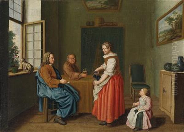 Interior With Two Men At A Table And A Maidserving Them Oil Painting by Jan Jozef, the Younger Horemans