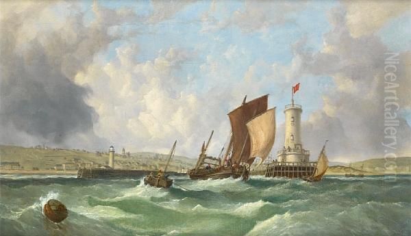 A Lugger Running Out Of Boulogne At High Tide On A Breezy Day, With A Channel Packet Steamer Moored At The Quayside In The Harbour Oil Painting by Josef Horn