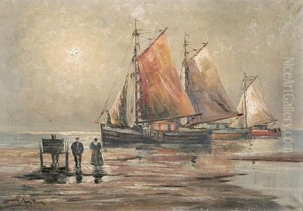 Fischkutter Im Watt Und Krevettenfischer Oil Painting by Josef Horn