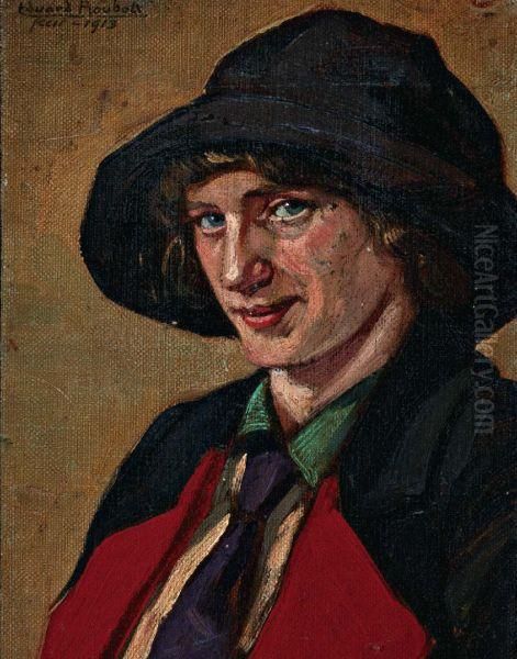 Dame Met Zwarte Hoed Oil Painting by Eduard Houbolt