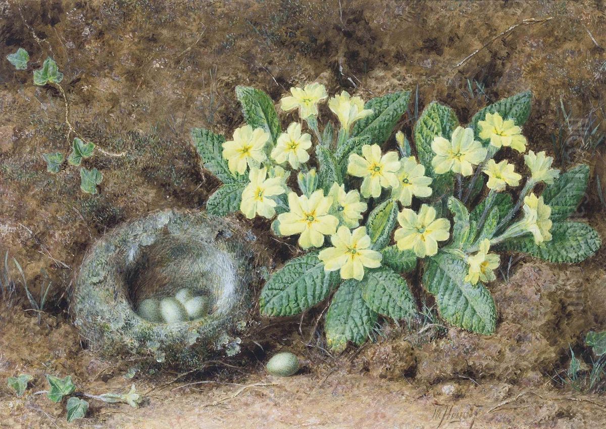 Still Life Of A Bird's Nest And Primroses On A Mossy Bank Oil Painting by William Hough