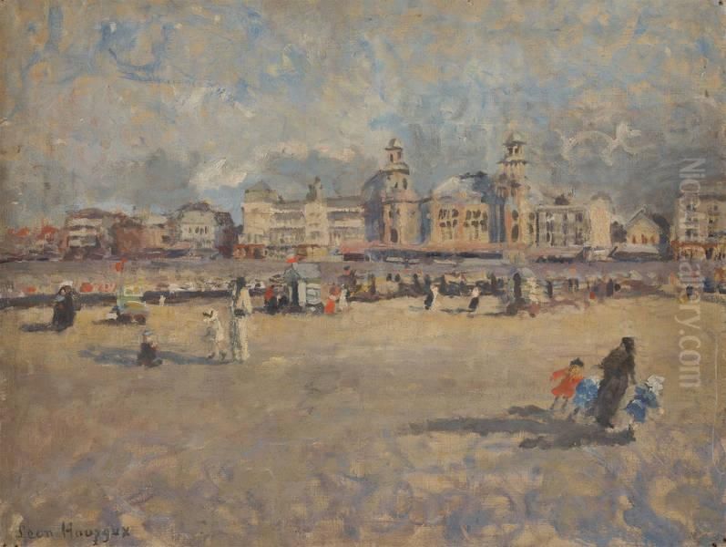 Plage Animee Avec Cabines Oil Painting by Leon Houyoux