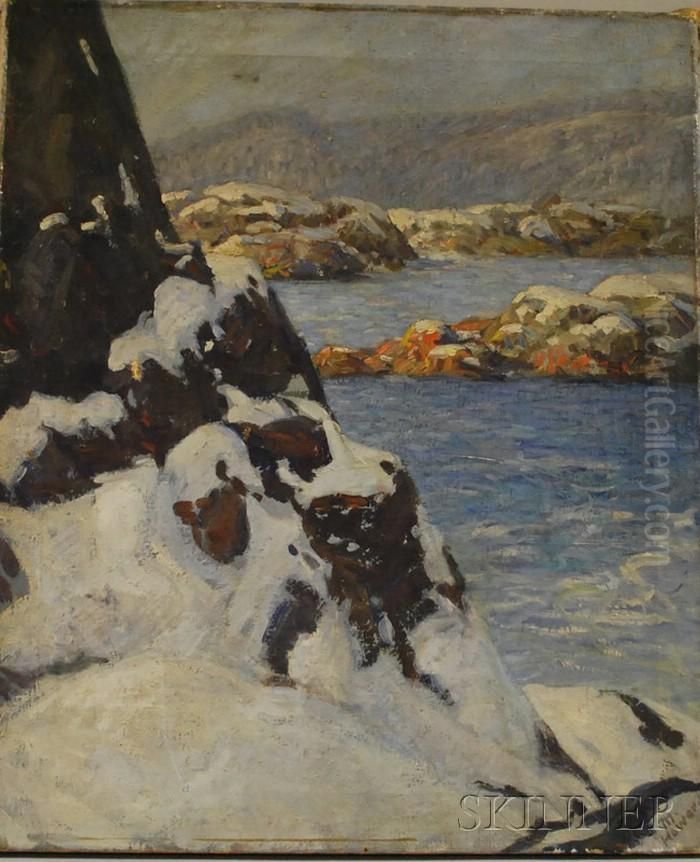 Rocky Coast In Winter Oil Painting by Marion P. Howard