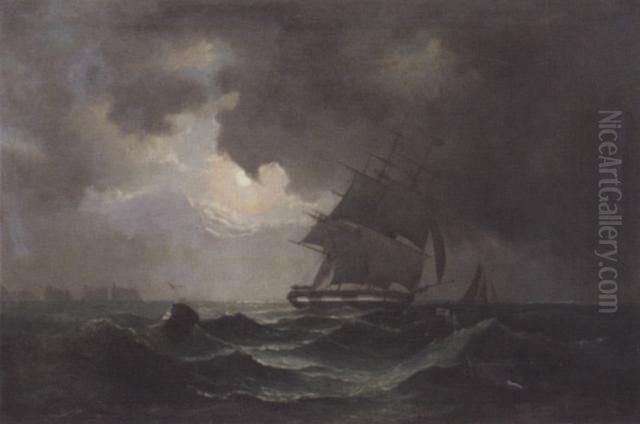 Shipping In Heavy Seas By Moonlight Oil Painting by Peter Hoyer