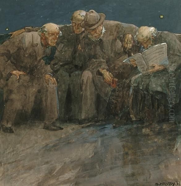 The Four Old Men Oil Painting by Sergius Hruby