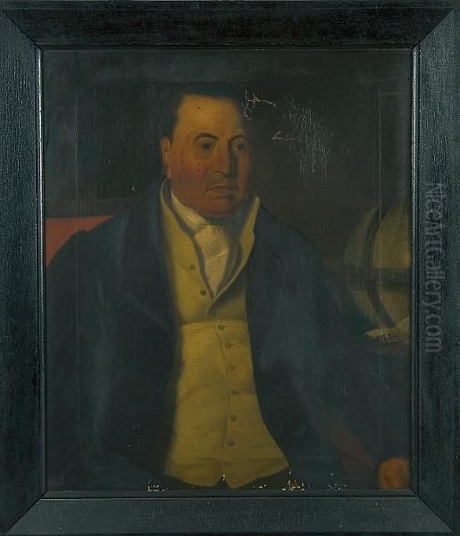 Portrait Of A Gentleman, Seated In A Chair, A Bookcase With Leather Bindings Beyond, A Globe And Copy Of Times Newspaper By His Side Oil Painting by B. Hubbard