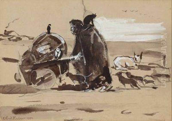 Alte Frau Mit Ihrer Habe Und Ihren Tieren Oil Painting by Carl Rudolf S. Huber