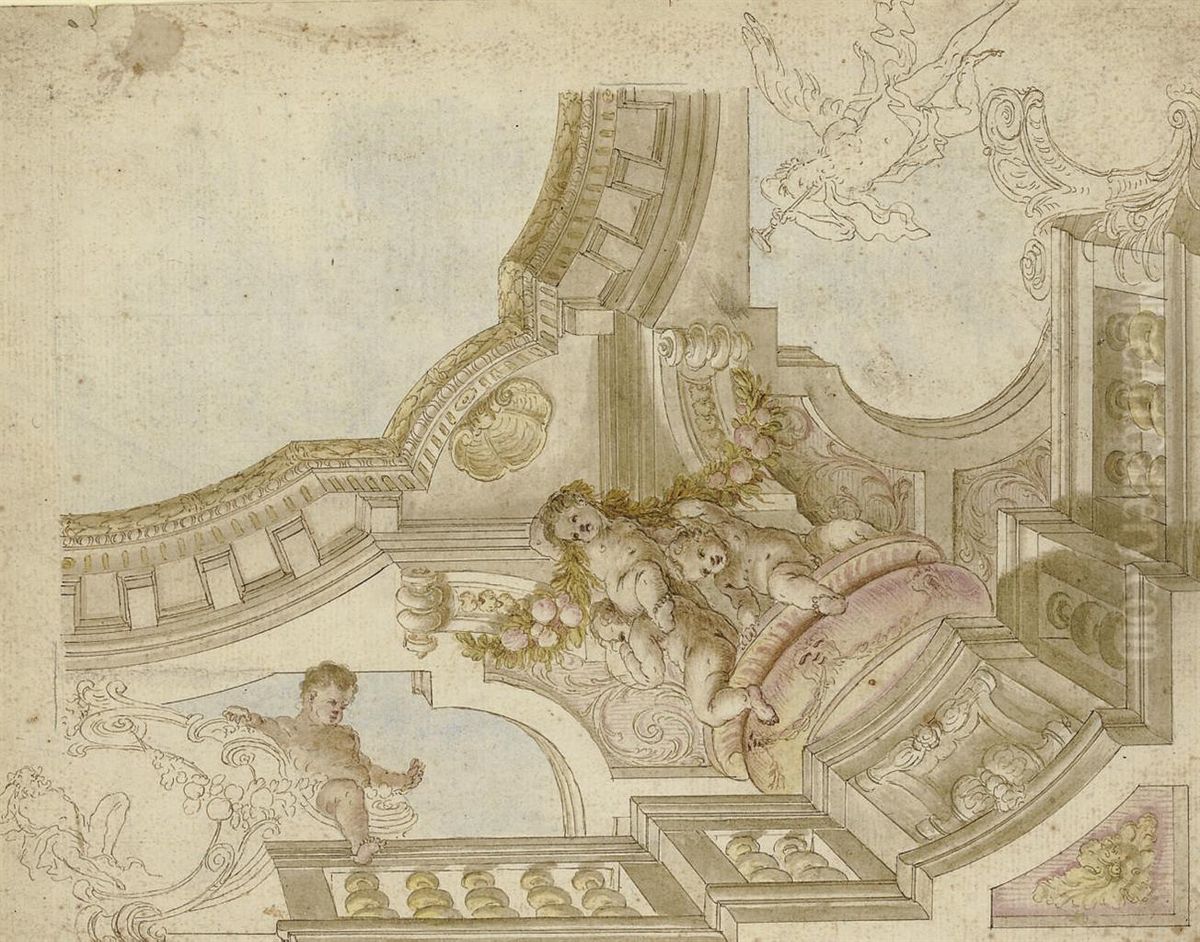 Design For A Corner Of A Ceiling With Putti Above A Balustrade Andswags Of Fruit Oil Painting by Johann Rudolf Huber