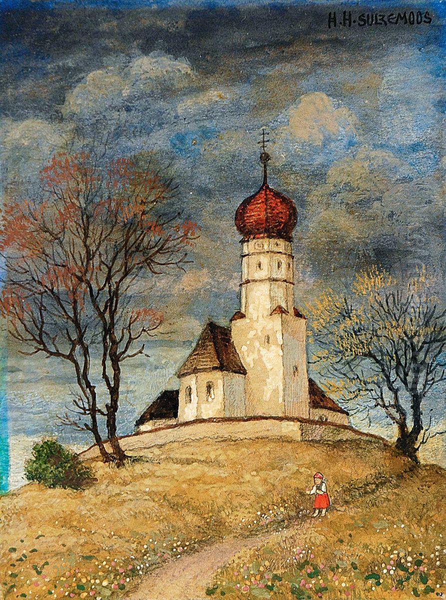 Blumen Pfluckendes Madchen Vor Der Kirche Von Holzhausen Am Starnberger See Oil Painting by Hans Huber-Sulzemoos