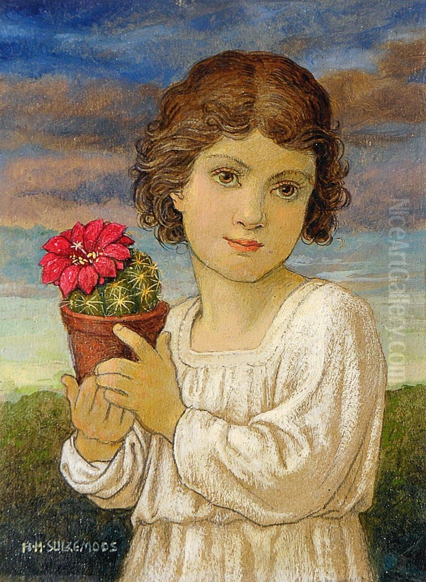 Madchen Mit Bluhendem Kaktus Oil Painting by Hans Huber-Sulzemoos