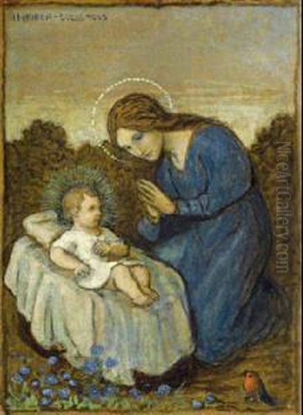 Muttergottes Mit Jesuskind Und Rotkehlchen Vor Bluhenden Blumen. Oil Painting by Hans Huber-Sulzemoos