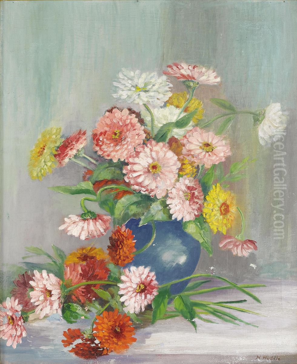 Untitled Still Life Zinnias Oil Painting by Nannie Zenobia Huddle
