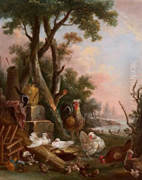 Paesaggio Fluviale Con Pennuti Ed Un Gatto Oil Painting by Christophe Huet