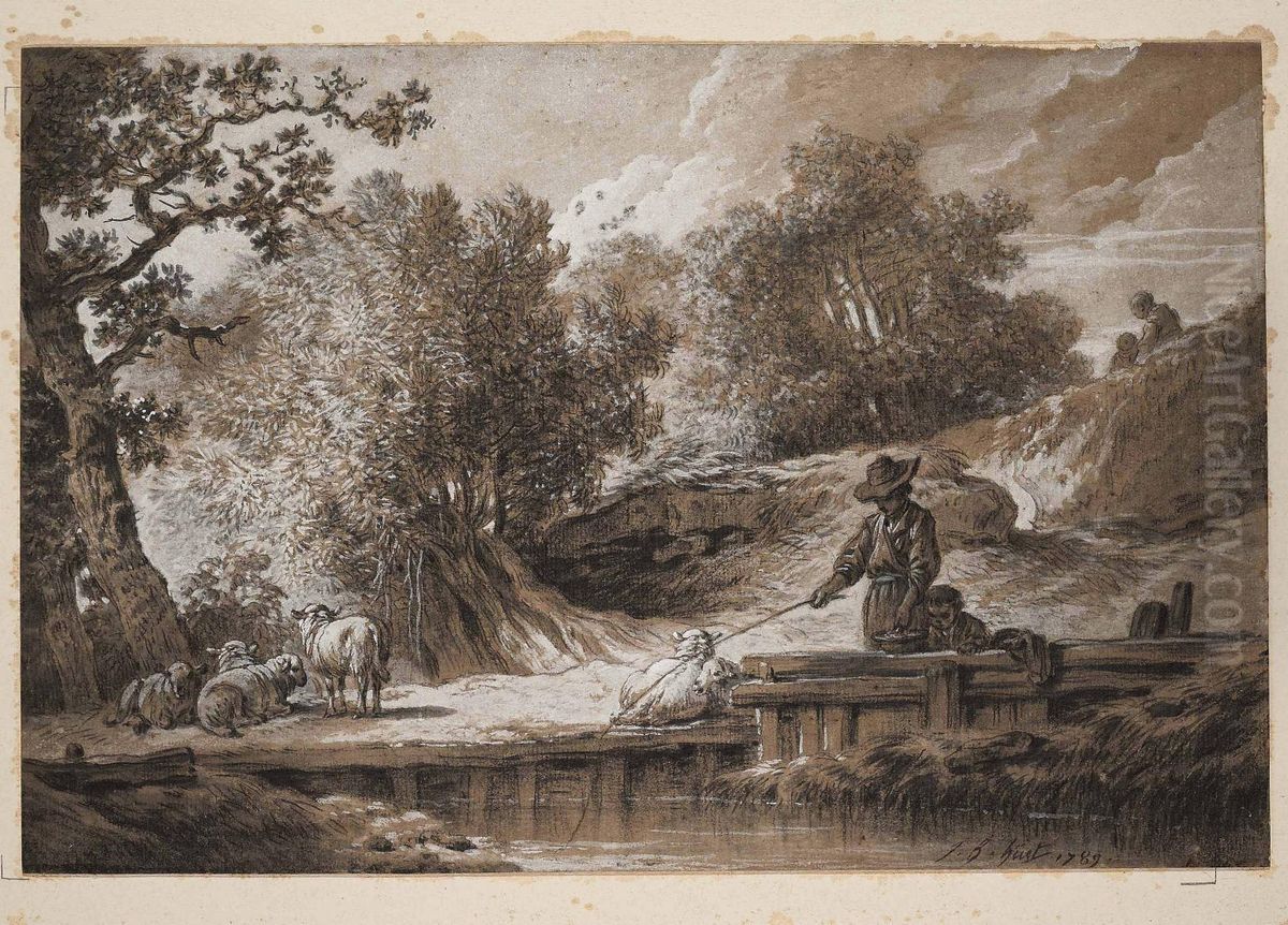 A River Landscape With Children Fishing Oil Painting by Jean-Baptiste Huet