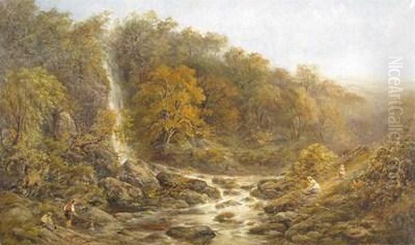 Fishing By The Waterfall At Pistyll Rhaeadr, Wales Oil Painting by John Joseph Hughes