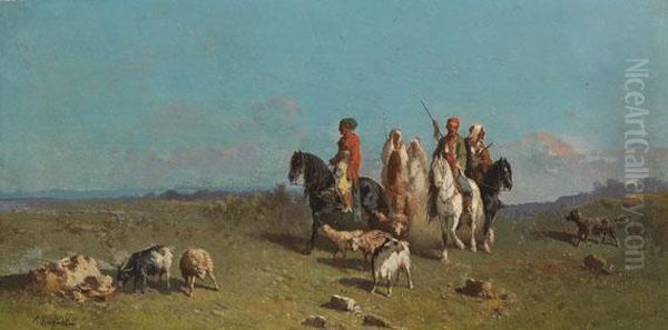 Steppenreiter Mit Schafen Und Ziegen Oil Painting by Victor Pierre Huguet
