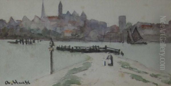 Mother And Child Before A Harbour Oil Painting by Abraham Hulk Snr