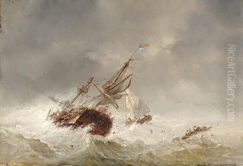 Seaview With Ships In Stormy Weather Oil Painting by Abraham Hulk Snr