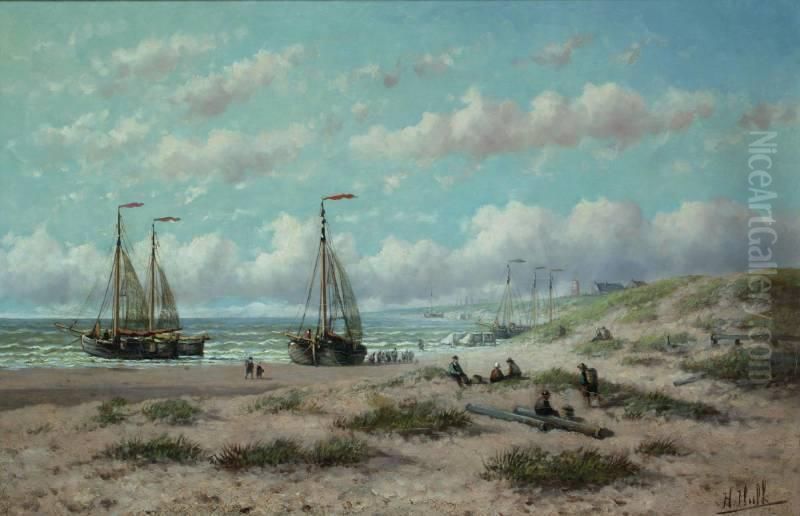 Bomschuiten En Badwagens Aan Het Strand, Vermoedelijk Ter Hoogte Van Katwijk Oil Painting by Hendrik Hulk