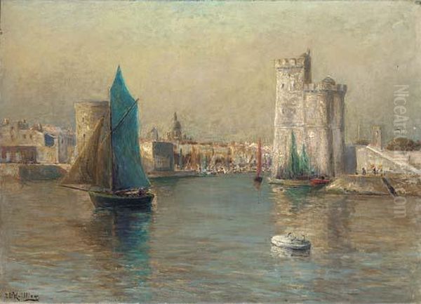 Boats In A Continental Harbour Oil Painting by J. L. Hullier