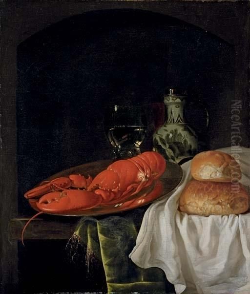 A Lobster On A Pewter Plate, A Roemer Of Wine, A Porcelain Jug And Two Bread Rolls On A White Cloth, On A Partly-draped Wooden Table In A Niche


Lot Title Oil Painting by Gillis Jacobsz. Hulsdonck