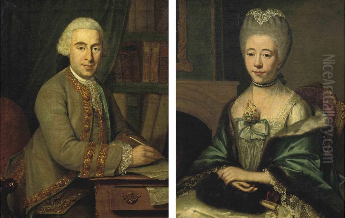 Portrait Of Jean Daniel De Loches (1731-1794), Half-length, In AGold-embroidered Green Coat With A White Jabot, Seated At A WritingDesk; And Portrait Of Maria Josina Baldina Van Oldenbarnevelt(1740-1792), In A White Silk Dress With A Fur-lined Blue Wra Oil Painting by Jean Humbert
