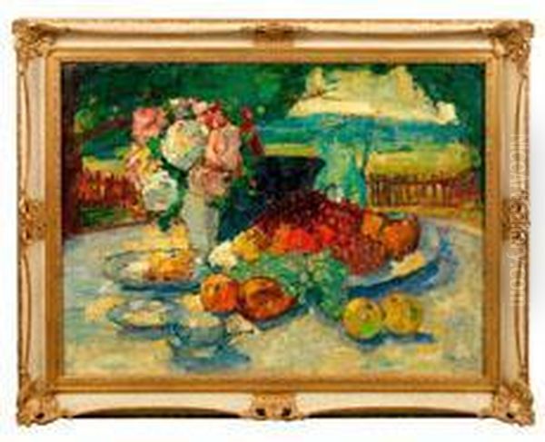 Stillleben Mit Blumenvase Und Fruchten Auf Einem Gartentisch Oil Painting by Theodor Hummel